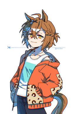 accessory ahoge black_bottomwear black_clothing black_pants bottomwear brown_ears brown_hair brown_tail clothed clothing ear_piercing female hair hair_accessory hairclip hand_in_pocket hood_down jacket jewelry looking_at_viewer necklace notched_ear open_clothing open_jacket open_topwear orange_clothing orange_jacket orange_topwear pants piercing pockets shirt short_hair simple_background smile solo tail tank_top topwear white_background white_clothing white_shirt white_tank_top white_topwear yellow_eyes mazu1kan cygames uma_musume_pretty_derby jungle_pocket_(pretty_derby) animal_humanoid equid equid_humanoid equine equine_humanoid horse_humanoid humanoid mammal mammal_humanoid hi_res portrait three-quarter_portrait