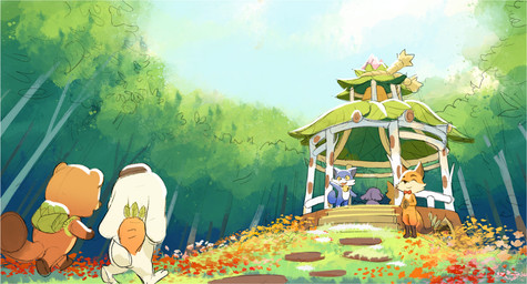 backpack biped blue_body brown_body chibi detailed_background group orange_body outside walking white_body mariam_hachmi taki_tanuki canid canine domestic_cat felid feline felis fox lagomorph leporid mammal rabbit raccoon_dog tanuki