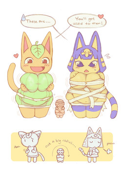 anthro belly belly_expansion big_belly big_breasts blue_hair blush bouncing_breasts breast_expansion breasts clothing dialogue dress duo egyptian egyptian_clothing egyptian_headdress expansion female fur green_clothing green_dress hair heart_symbol idol_(object) leaf magic mummy_wrappings orange_body orange_fur overweight sculpture speech_bubble statue torn_clothing uraeus yellow_body yellow_fur conduitcore animal_crossing nintendo ankha_(animal_crossing) tangy_(animal_crossing) venus_of_willendorf domestic_cat felid feline felis mammal 2024 colored hi_res sequence