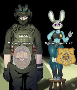 3_toes 4_fingers anthro belt big_ears black_belt black_clothing black_eyebrows black_gloves black_handwear blue_bottomwear blue_clothing blue_pants blue_topwear bottomwear clock clothed clothed_anthro clothed_female clothing duo eyebrows eyelashes feet female fingers fur gesture glistening glistening_bottomwear glistening_clothing glistening_eyes glistening_pants gloves grey_body grey_fur hand_gesture hand_on_hip handwear looking_at_viewer male night outside pants pink_nose police police_badge police_officer purple_eyes size_difference small_nose smile text toes topwear v_sign watch wristwatch arzy_parzy disney ready_or_not swat why_dis_look_so_mad_(meme) zootopia judy_hopps european_rabbit human lagomorph leporid mammal oryctolagus rabbit 2025 absurd_res digital_media_(artwork) hi_res meme