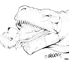 anthro anthro_pred anthro_prey bodily_fluids claws clothed_prey clothing drooling duo ear_piercing feet_first fur gluck hair male male/male male_pred male_prey onomatopoeia open_mouth oral_vore partially_inside piercing saliva saliva_covered scales sharp_teeth simple_background sound_effects swallowing teeth text tongue topwear torn_clothing torn_topwear vore whiskers willing_pred pandottermon parker_(pandottermon) dinosaur mammal mustelid otter prehistoric_species reptile saurischian scalie theropod tyrannosaurid tyrannosauroid tyrannosaurus tyrannosaurus_rex 2026 dated signature