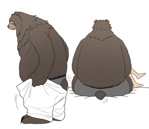 ambiguous_gender anthro bed belly bottomwear boxer_briefs boxer_briefs_only brown_body brown_fur clothed clothing dressing duo eye_scar facial_scar fur furniture male moobs on_bed overweight overweight_male pants scar sitting solo_focus topless underwear underwear_only white_bottomwear white_clothing white_pants w8rbjxv80g7442 mihoyo zenless_zone_zero ben_bigger bear human mammal thiren 2025