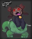 anthro anthro_pred belly big_belly black_background bodily_fluids bottomless brown_hair clothed clothing clothing_pull dialogue fangs fully_inside green_body hair hoodie hoodie_only horn huge_belly male male_pred open_mouth red_sclera sharp_teeth simple_background smile solo species_in_dialogue speech_bubble standing sweat sweatdrop teeth text tongue tongue_out topwear topwear_only topwear_pull unseen_prey vore denaturedalbumin american_mythology mythology denatured_albumin_(character) chupacabra 2019 english_text