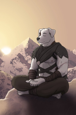 anthro chain_necklace clothed clothed_anthro clothed_male clothing eyes_closed jewelry male male_anthro meditation mountain necklace outside sitting solo artsywoodpecker soulcreek nitro_(soulcreek) canid canine mammal absurd_res hi_res