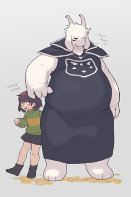 ambiguous_gender anthro belly clothing duo embarrassed fur horn male overweight robe text white_body white_fur young taka_fin9623 undertale undertale_(series) asriel_dreemurr_(god_form) chara_(undertale) bovid caprine goat human mammal english_text hi_res nonbinary_(lore)