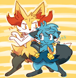 anthro big_ears biped black_body black_fur blue_eyes chart cheek_tuft curled_tail digitigrade duo eyebrows facial_tuft fluffy fluffy_tail fur gloves_(marking) head_tuft height_chart height_comparison imperial_unit inner_ear_fluff leg_markings looking_at_another male markings neck_tuft number orange_body orange_eyes orange_fur orange_nose pattern_background pivoted_ears pose raised_arms seashell shell simple_background size_difference small_nose smile socks_(marking) standing striped_background tail tuft white_body white_fur white_sclera yellow_body yellow_fur fiddleafox nintendo pokemon eli_(fiddleafox) nico_(fiddleafox) braixen dewott generation_5_pokemon generation_6_pokemon pokemon_(species) 2016 colored_sketch digital_drawing_(artwork) digital_media_(artwork) sketch