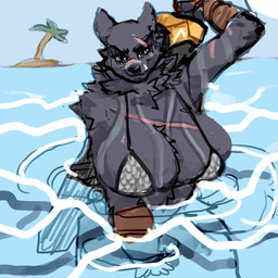 anthro arm_scar arm_tuft big_breasts bikini bikini_top black_nose blue_eyes bracelet breast_scar breasts cheek_tuft chest_scar chest_tuft cleavage cleavage_overflow clothed clothing crossgender eye_scar facial_scar facial_tuft fangs female fur fur_tuft glistening glistening_eyes grey_body grey_fur holding_melee_weapon holding_object holding_sword holding_weapon huge_breasts jewelry looking_at_viewer melee_weapon mtf_crossgender neck_tuft palm_tree partially_submerged plant scar scars_all_over shoulder_tuft skimpy skimpy_bikini smile smiling_at_viewer solo swimwear sword teeth tree tuft two-piece_swimsuit water weapon stupidretard elden_ring fromsoftware blaidd_(elden_ring) canid canine canis mammal wolf 1:1 2022 colored_sketch hi_res sketch