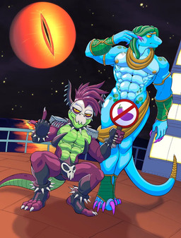 abs ankle_band anklet anthro big_bulge blue_body blue_scales bone bone_mask bracelet bulge circlet claws clothing convenient_censorship covering covering_crotch crouching cruise_ship duo eggplant fingerless_gloves food fruit furgonomic_piercing furgonomics gesture gloves gold_(metal) gold_jewelry green_spots hair hand_gesture handwear holding_object holding_sign horn horn_piercing jewelry larger_anthro larger_male legband living_hair male mask merchant_ship middle_finger mohawk moon moon_eye mostly_nude_anthro mostly_nude_male muscular muscular_anthro muscular_male night passenger_ship pasties pecs piercing plant pseudo_hair purple_body purple_claws purple_hair purple_scales red_eyes scales ship sign size_difference skull skull_mask smaller_anthro smaller_male snake_hair speedo spiked_anklet spiked_bracelet spiked_legband spikes spots standing swimwear tail vehicle watercraft yellow_sclera mistakenpotatoes kings_of_hell tristitia_(kings_of_hell) typhon_(kings_of_hell) imp kobold reptile scalie snake