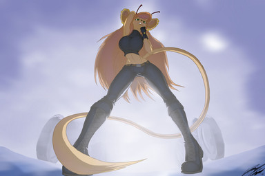 antennae_(anatomy) anthro belt biped boots breasts brown_body brown_fur brown_hair clothed clothing ear_piercing female footwear front_view fur gloves green_eyes hair handwear light long_hair looking_at_viewer low-angle_view piercing shoes solo standing tail tail_tuft teeth tuft worm's-eye_view toughset biker_mice_from_mars harley_davidson marianna_de_sharden alien house_mouse mammal mouse murid murine rodent 2011 3:2 absurd_res character_request digital_media_(artwork) hi_res