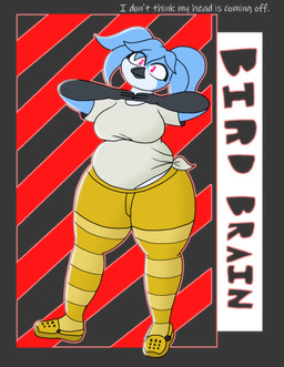 alternate_hairstyle anthro beak big_breasts black_beak black_body black_scales blue_body blue_feathers bottomwear breasts clothing dancing feathers female footwear kasane_teto_(cosplay) legwear non-mammal_breasts overweight overweight_anthro overweight_female pattern_clothing pattern_legwear pink_eyes scales shirt shorts slightly_chubby solo striped_clothing striped_legwear stripes t-shirt text thick_thighs topwear white_body white_feathers wide_hips cookie-pone birdbrain_(jamie_paige) crocs jamie_paige_(producer) synthesizer_v utau claire_(cookie-pone) kasane_teto avian bird english_text hi_res trans_(lore) trans_woman_(lore)