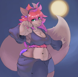 5_fingers anthro biped bottomwear breasts clothed clothing dipstick_tail female fingers fur green_eyes hair iris looking_at_viewer markings midriff moon multicolored_tail pupils red_hair smile solo tail tail_markings topwear umaishiru freya_(peachpunch11) canid canine fox mammal absurd_res hi_res