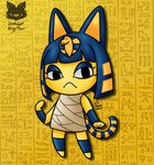 :< anthro biped blue_hair cat_tail clothed clothing egyptian egyptian_clothing eyelashes female fur hair hieroglyphics makeup pawpads pharaoh queen royalty solo yellow_body yellow_fur sonicluxhedgeman animal_crossing nintendo ankha_(animal_crossing) domestic_cat felid feline felis mammal absurd_res colored digital_drawing_(artwork) digital_media_(artwork) full-length_portrait hi_res portrait signature watermark