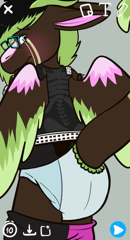 anthro biped bottomwear bottomwear_down clean_diaper clothed clothing diaper exposed_diaper eyewear feathers fully_clothed fur glasses hair horn looking_back male multicolored_body multicolored_feathers multicolored_fur multicolored_hair pants pants_down partially_clothed simple_background solo standing tail topwear vest wearing_diaper wings unknown_artist mythology snapchat twixxel_minty angel_dragon dragon mythological_creature mythological_scalie scalie hi_res source_request