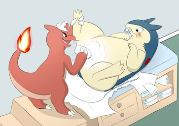 2_toes 3_fingers 3_toes 4_fingers ambiguous_gender anthro baby_powder blue_body blue_fur blue_pacifier blush blush_lines changing_table claws clothing container diaper diaper_change duo ears_back fangs feet finger_claws fingers fire flaming_tail folded_diaper foot_grab frown fur hat hat_only headgear headgear_only headwear headwear_only holding_container holding_object inside lying mostly_nude multicolored_body multicolored_fur narrowed_eyes nervous nurse_clothing nurse_hat nurse_headwear object_in_mouth obscured_genitals on_back open_mouth pacifier pacifier_in_mouth pivoted_ears red_body standing tail teeth toe_claws toes two_tone_body two_tone_fur wavy_mouth white_claws white_diaper yellow_body yellow_fur fang29 everstone_daycare nintendo pokemon nurse_charmeleon charmeleon generation_1_pokemon generation_2_pokemon pokemon_(species) typhlosion 2024 absurd_res hi_res
