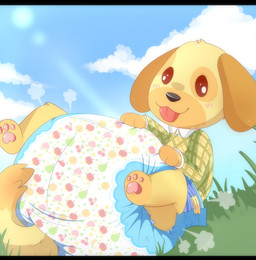 ambiguous_gender anthro big_diaper black_bars black_eyes blush blush_lines clothed clothing cloud detailed_background diaper floppy_ears food_print fruit_print fur grass hand_on_diaper huge_diaper legs_up lens_flare outside pattern_clothing pattern_shirt pattern_topwear pawpads pink_pawpads plaid plaid_clothing plaid_shirt plaid_topwear plant plant_print shirt sitting sky solo tongue tongue_out topwear touching_diaper wearing_diaper yellow_body yellow_fur jupiters animal_crossing nintendo goldie_(animal_crossing) canid canine canis domestic_dog mammal absurd_res hi_res letterbox female_(lore)