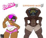 accessory anthro beanie belly big_tail blue_eyes blush bodily_fluids bottomwear breasts brown_body bulge clothed clothing crop_top curvy_figure duo ear_piercing eye_bags eyewear female femboy fur girly/female glasses green_hair hair hair_accessory hair_bun hair_ribbon hands_on_hips hat headgear headwear hotpants huge_hips huge_thighs jewelry looking_at_viewer male multicolored_hair navy_fur necklace nipple_slip off_shoulder one_eye_closed open_mouth overweight overweight_anthro overweight_female piercing pink_eyes purple_hair ribbons shirt shorts simple_background slightly_chubby smile standing sweat sweatdrop tail text thick_thighs tomboy topwear tuft two_tone_hair wide_hips wink wristband baconfetish'ntomato barbenheimer barbie_(doll) barbie_(film) joy_division_(band) mattel oppenheimer gavin_pearson jude_williams bear mammal mephitid skunk absurd_res digital_media_(artwork) english_text hi_res