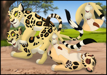 animal_genitalia balls bodily_fluids border erection feral fur genital_fluids genitals group group_sex male male/male male_penetrated male_penetrating male_penetrating_male markings penetration penis sex spots spotted_body spotted_fur threesome trio kaion disney the_lion_guard the_lion_king makucha felid leopard mammal pantherine hi_res