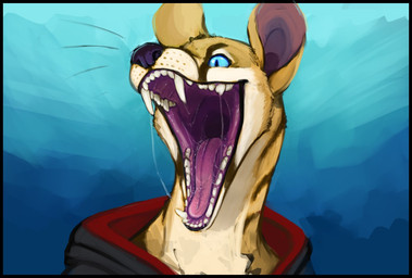 anthro black_border bodily_fluids border clothed clothing fangs fur glistening glistening_eyes grey_clothing grey_topwear male mouth_shot open_mouth pupils purple_tongue red_clothing red_topwear saliva saliva_on_tongue saliva_string sharp_teeth simple_background slit_pupils solo tan_body tan_fur teeth tongue topwear unsigned yellow_body yellow_fur acidic genet mammal viverrid bust_portrait portrait