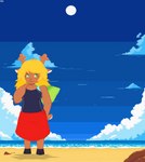 ambient anthro antlers blonde_hair breasts clothed clothing cloud detailed_background female fluffy fluffy_tail fur hair hooves horn outside rock sand shore shoreline sky skyscape smile solo standing standing_upright summer tail text towel pachiimochii deltarune undertale_(series) noelle_holiday deer humanoid mammal new_world_deer reindeer absurd_res digital_media_(artwork) hi_res pixel_(artwork) pyxel_edit_(artwork)