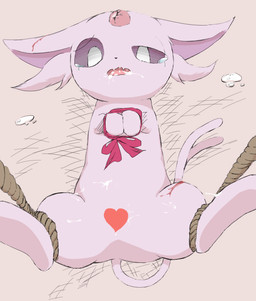 blood bodily_fluids bound cum cum_in_mouth cum_inside cum_on_body female feral genital_fluids kemono open_mouth purple_eyes ribbons solo spread_legs spreading strapped submissive submissive_female tears かだる nintendo pokemon eeveelution espeon generation_2_pokemon pokemon_(species) censored