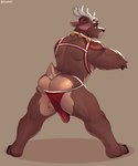 anthro antlers balls bell bent_arm biceps big_bulge black_nose brown_body brown_hair bulge butt clothing collar ears_back erection genitals hair harness holidays hooves horn huge_bulge male markings muscular muscular_anthro muscular_male nipples pivoted_ears rear_view red_clothing red_underwear short_tail simple_background solo spread_legs spreading standing stretching tail tan_body tan_markings tight_clothing underwear snaftfc christmas deer mammal new_world_deer reindeer 5:6 absurd_res hi_res