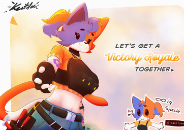 anthro chibi clothing collar female fur gloves handwear looking_at_viewer multicolored_body multicolored_fur reaching reaching_towards_viewer smile smiling_at_viewer solo tattoo text tools topwear vest yellow_outfit keitfa epic_games fortnite cate_meowdy felid feline mammal absurd_res hi_res