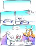 2016 aftertale age_difference ambiguous_gender anthro asgore_dreemurr asriel_dreemurr beard blonde_hair boss_monster_(undertale) bovid caprine chara_(undertale) comic container cup dessert dialogue english_text facial_hair female food glass goat hair horn human long_ears loverofpiggies male mammal pastry pie plate size_difference teeth text toriel undertale undertale_(series) young