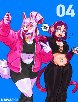 alternative_fashion anthro big_breasts blue_background bob_cut bottomwear breasts cellphone clothed clothing collar colored_nails crop_top duo ear_piercing electronics eyebrow_piercing eyebrows eyeshadow facial_piercing female flesh_fang fur goth hair hair_bun holding_cellphone holding_object holding_phone holding_smartphone hoodie looking_at_another makeup midriff nails navel navel_piercing open_mouth open_smile pants phone piercing purple_body purple_fur purple_hair purple_nails question_mark raised_eyebrow red_eyes selfie shirt shorts simple_background smartphone smile speech_bubble standing studded_collar studs tail thong thong_straps topwear underwear white_body white_fur nawasai67 magdalene_(redustheriotact) misuki_(nawasai) canid canine fox haplorhine mammal monkey primate 2026 hi_res pictographics signature