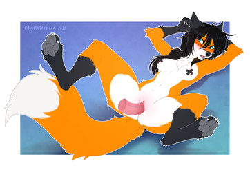 4_toes 5_fingers anthro anthro_penetrated areola black_hair blue_eyes breasts claws digitigrade dipstick_tail disembodied_penis duo erection eyebrows eyelashes feet female female_penetrated finger_claws fingers fur genitals gloves_(marking) grey_pawpads hair human_on_anthro human_penetrating human_penetrating_anthro interspecies leg_markings long_hair lying male male/female male_penetrating male_penetrating_female markings multicolored_tail nipple_tape nude on_back orange_body orange_fur pasties pawpads penetration penis sex simple_background socks_(marking) spread_legs spreading tail tail_markings tape toe_claws toes vaginal vaginal_penetration white_body white_fur kyotoleopard kade_(mr-oz) canid canine fox human mammal 2021 absurd_res dated digital_media_(artwork) hi_res