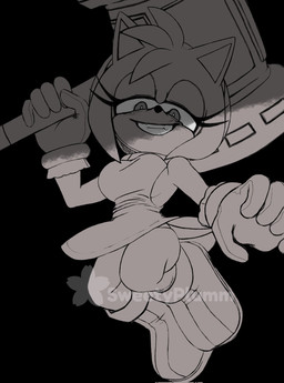 accessory anthro boots bracelet clothing dress female footwear gloves grin hair_accessory hairband hammer handwear jewelry looking_at_viewer narrowed_eyes shoes smile solo tail tools sweetyplumm sega sonic_the_hedgehog_(series) amy_rose eulipotyphlan hedgehog mammal hi_res monochrome watermark
