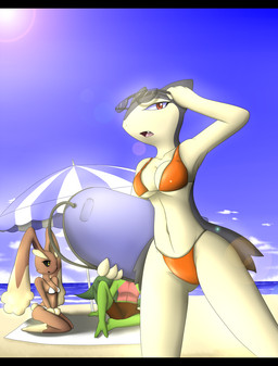 anthro anthrofied beach bikini black_bars black_sclera blue_body blue_skin bra breasts brown_body brown_fur clothed clothing cloud detailed_background eyewear female fur green_body green_skin group male navel outside pokemorph red_body red_eyes red_skin sand seaside sky sun sunglasses surfboard swimwear teeth tongue two-piece_swimsuit umbrella underwear vehicle water watercraft white_body white_fur white_skin wide_hips yellow_eyes latiar nintendo pokemon generation_2_pokemon generation_3_pokemon generation_4_pokemon grovyle lagomorph lopunny mammal pokemon_(species) typhlosion 2013 hi_res letterbox