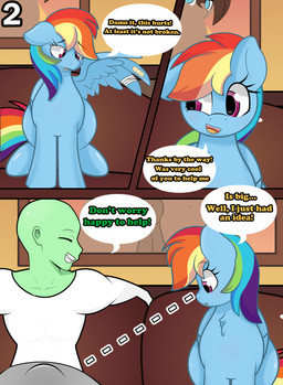 bulge female feral male wings wounded ribiruby friendship_is_magic hasbro my_little_pony mythology anon rainbow_dash_(mlp) equid equine human mammal mythological_creature mythological_equine pegasus absurd_res comic hi_res