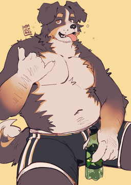 5_fingers anthro beverage_bottle black_body black_bottomwear black_clothing black_fur black_shorts bottle bottomwear brown_body brown_fur clothing container fingers floppy_ears fur male multicolored_body multicolored_fur muscular muscular_anthro muscular_male red_eyes shorts slightly_chubby slightly_chubby_anthro slightly_chubby_male soda_bottle solo white_body white_fur hemuchang canid canine canis domestic_dog mammal 2022 hi_res