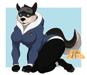 all_fours anthro big_breasts big_butt breasts butt clothing eyewear eyewear_on_head female goggles goggles_on_head green_eyes headgear headwear hood jacket legwear patch_(fabric) solo technology thick_thighs tights topwear 1ceberg canid canine canis domestic_dog mammal absurd_res hi_res