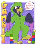 anthro clothing lego_brick male onesie solo text heyitsjaq lego gambit gambit_(the_corvid) avian bird corvid dinosaur oscine passerine prehistoric_species reptile scalie english_text hi_res