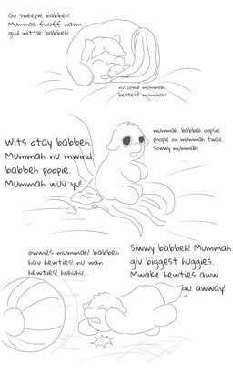 ambiguous_feral ambiguous_gender baby_talk ball dialogue duo eyes_closed featureless_feet featureless_hands feces feet feral good_parenting hooves love neonate open_mouth pain pained_expression sitting smile tail text young young_ambiguous young_feral carpdime fluffy_pony fluffy_pony_(species) mammal black_and_white digital_media_(artwork) english_text hi_res monochrome