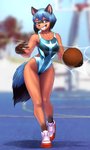 2020 3:5 5_fingers absurd_res anthro ball basketball_(ball) basketball_court blue_hair brand_new_animal breasts brown_body brown_fur canid canine clothed clothing female fingers footwear fur gloves_(marking) hair hi_res leotard mammal markings michiru_kagemori mykegreywolf netflix one-piece_swimsuit open_mouth open_smile plantigrade raccoon_dog shoes smile solo sport_swimsuit studio_trigger swimwear tanuki teeth text url