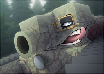 ambiguous_gender armored_vehicle blue_eyes camo cannon eyewear forest fur glasses green_body headlight machine metallic_body monocle mouth_shot open_mouth outside plant raining ranged_weapon solo tank_(vehicle) teeth teeth_showing tongue tongue_out tracked_vehicle tree vehicle weapon zegzagun char_2c constructions_industrielles_de_la_mediterranee_s.a. living_machine living_vehicle hi_res