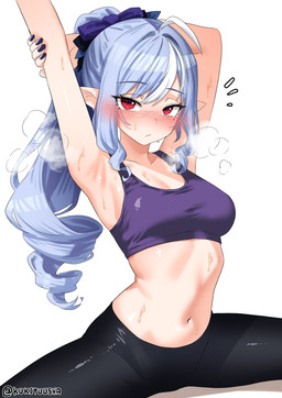 accessory ahoge black_bottomwear black_clothing black_pants blue_hair blush blush_lines bodily_fluids bottomwear bow_ribbon bra breasts clothing colored_nails detailed_midriff drill_curls excessive_sweat female glistening glistening_body glistening_bottomwear glistening_bra glistening_clothing glistening_pants glistening_skin glistening_underwear hair hair_accessory hair_bow hair_ribbon highlights_(coloring) humanoid_pointy_ears long_hair looking_at_viewer medium_breasts midriff mole_under_eye nails not_furry pants pointy_ears ponytail purple_bra purple_clothing purple_nails purple_underwear raised_arms red_eyes ribbons simple_background solo sports_bra spread_legs spreading steamy_breath stretching sweat sweaty_armpit sweaty_body sweaty_skin underwear white_background yoga_pants kukiyuusha mihoyo zenless_zone_zero vivian_banshee elf humanoid digital_drawing_(artwork) digital_media_(artwork) hi_res watermark