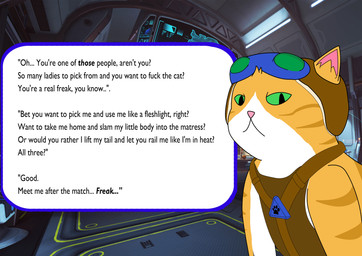 bestiality_humiliation bestiality_temptation dialogue explicit_text female feral feral_temptation footprint fur green_eyes markings orange_body orange_fur pawprint pawprint_(marking) profanity screencap screencap_background seductive side_view solo speech_bubble striped_body striped_fur stripes temptation text white_body white_fur sock_puppeteer blizzard_entertainment overwatch fika_(overwatch) domestic_cat felid feline felis mammal absurd_res english_text flat_colors hi_res