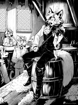 anthro bar barrel beverage blush bowed_string_instrument detailed_background eyewear floor furniture glasses group inside looking_at_another male male/male musical_instrument playing_music playing_violin regency_period regency_period_clothing rococo_clothing sitting sitting_at_table smile smitten string_instrument victorian vintage violin wood wood_floor wood_furniture tatujapa edgar_vladilisitsa joseph_corbeau avian bird canid canine corvid felid feline fox mammal oscine passerine black_and_white detailed hi_res monochrome sketch