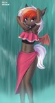 anthro bat_wings breasts brown_body brown_fur clothing dress ear_tuft eyebrows fangs female fur hair looking_at_viewer membrane_(anatomy) membranous_wings multicolored_hair navel open_mouth open_smile red_eyes smile solo standing tail tan_hair teeth tuft water waterfall white_hair white_tail wings delta_hronum hasbro my_little_pony fan_character bat_pony equid mammal digital_media_(artwork) hi_res signature