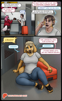 airport anthro blonde_hair blue_eyes boots bottomwear breast_growth breasts brown_body brown_fur brown_hair clothing dialogue feet female footwear forced forced_transformation fur gender_transformation greeting group growth hair human_to_anthro looking_at_viewer male mtf_transformation open_mouth pink_hair shirt shoes short_hair shorts smile species_transformation surprised tail text topwear transformation white_clothing white_shirt white_topwear miltonholmes apricot_(ataripanther) millie_(miltonholmes) milton_(miltonholmes) bird_dog canid canine canis domestic_cat domestic_dog felid feline felis golden_retriever human hunting_dog mammal retriever 2025 comic digital_media_(artwork) english_text hi_res