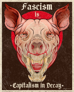 ambiguous_form ambiguous_gender black_background black_eyes bone border fangs front_view looking_at_viewer mouth_closed narrowed_eyes no_pupils open_mouth pink_body politics poster simple_background skull solo tan_border tan_sclera teeth text twitter_handle christopher_stoll domestic_pig mammal suid suine sus_(pig) 2022 digital_drawing_(artwork) digital_media_(artwork) english_text headshot_portrait hi_res portrait