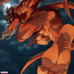 anthro bottomwear butt clothed clothing feet foot_fetish foot_focus hair horn loincloth loincloth_only looking_at_viewer looking_down looking_down_at_viewer low-angle_view male membrane_(anatomy) membranous_wings pointy_ears smile solo tail topless white_hair wings worm's-eye_view 3rdharleyjoe disney gargoyles brooklyn_(gargoyles) gargoyle scalie digital_media_(artwork) hi_res