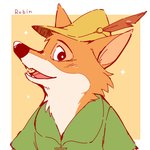 anthro black_nose bycocket clothing fur hat hat_feather headgear headwear loose_feather male simple_background solo shimomaro disney robin_hood_(disney) robin_hood canid canine canis fox mammal red_fox true_fox 1:1