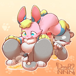 anthro blush blush_lines bodily_fluids chastity_cage chastity_device dipstick_tail dominant dominant_in_chastity genital_fluids genitals looking_at_another male male/male markings nipples peeing peeing_on_another peeing_through_chastity peeing_together peeping penis pink_inner_ear scut_tail short_tail tail tail_markings urine watersports wetting young young_anthro young_male young_on_young kai_oshima ralfohare lagomorph leporid mammal rabbit 1:1 hi_res