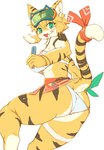 2022 5_fingers anthro big_breasts bikini black_stripes blonde_hair blush breasts butt clothing cygames felid female female_anthro fingers fur green_eyes hair hi_res holding_object inner_ear_fluff kemono looking_at_viewer looking_back looking_back_at_viewer mammal mia_(world_flipper) multicolored_body multicolored_fur navel neck_tuft open_mouth open_smile pantherine raaggu raised_tail simple_background smile solo stripes swimwear tail tiger tongue tuft two_tone_body two_tone_fur white_background white_bikini white_body white_clothing white_fur white_swimwear world_flipper yellow_body yellow_fur