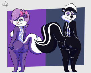 accessory anthro areola arm_tuft bedroom_eyes big_butt big_tail biped black_body black_fur black_nose blue_eyes blue_sclera blush border bow_(feature) bow_accessory bow_ribbon breasts bubble_butt butt cheek_tuft chest_tuft closed_smile curling_tail curvy_figure duo elbow_tuft eyebrow_through_hair eyebrows eyelashes eyeshadow facial_tuft female female_anthro femboy fluffy fluffy_tail fur glistening hair hair_accessory hair_bow hair_over hair_ribbon looking_at_viewer looking_back makeup male male_anthro markings mouth_closed multicolored_body multicolored_fur narrowed_eyes nipples nude nude_anthro nude_male one_eye_obstructed outside_border philtrum pink_nose pupils purple_body purple_eyes purple_eyeshadow purple_fur purple_hair rear_view ribbons seductive shortstack smile solo standing striped_back striped_body striped_fur striped_markings striped_tail stripes tail tail_markings thick_thighs translucent translucent_hair tuft two_tone_body two_tone_fur voluptuous voluptuous_anthro voluptuous_female white_body white_fur white_hair wide_hips ivolflobogris looney_tunes tiny_toon_adventures warner_brothers fifi_la_fume pepe_le_pew mammal mephitid skunk striped_skunk 5:4 absurd_res hi_res