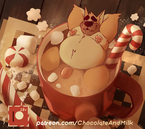 anthro belly belly_tuft big_belly black_eyebrows black_nose candy candy_cane container cup dessert eyebrows eyes_closed flaccid food front_view fur genitals hands_behind_head holidays jewelry male male_anthro marshmallow micro moobs mug necklace nipple_piercing nipple_ring nipples nude obese obese_anthro obese_male overweight overweight_anthro overweight_male partially_submerged penis piercing pink_nipples pink_penis ring_piercing solo tuft white_body white_fur yellow_body yellow_fur chocolateandmilk christmas richard_(chocolateandmilk) canid canine canis domestic_dog mammal hi_res